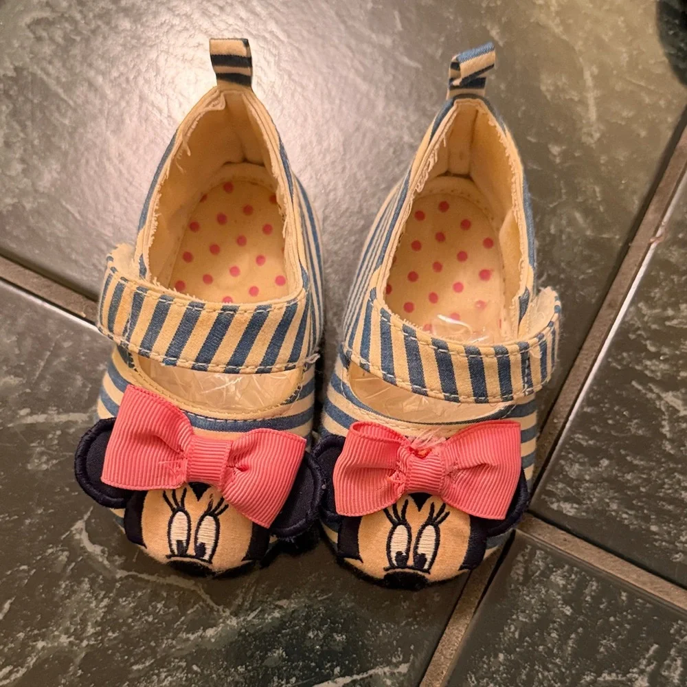 Disney Minnie Mouse Navy & Cream Striped Slip-Ons with Pink Bows